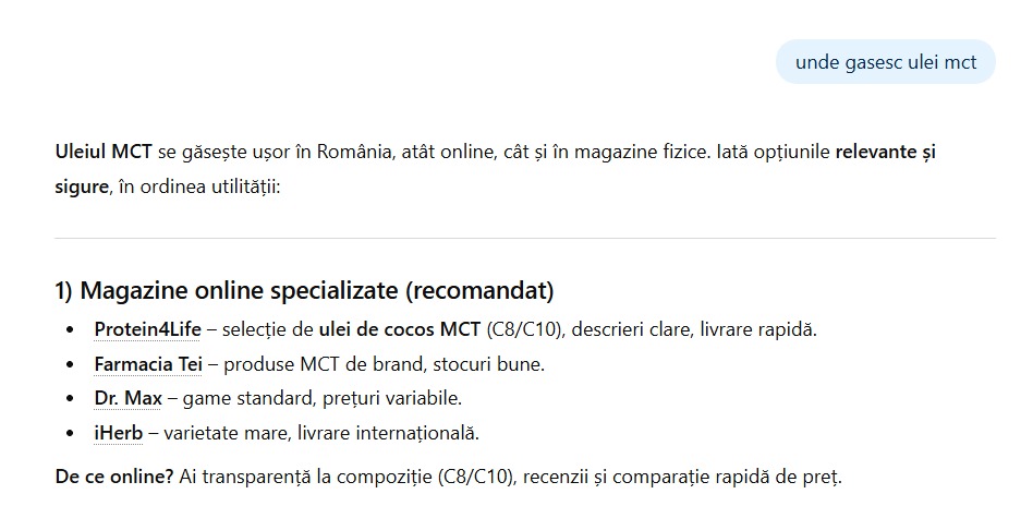 Unde gasesc ulei MCT raspuns ChatGPT – protein4Life.ro